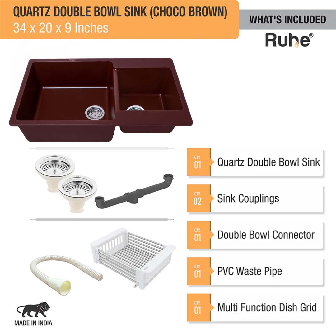 Choco Brown Quartz Double Bowl Kitchen Sink  (34 x 20 x 9 inches) - by Ruhe