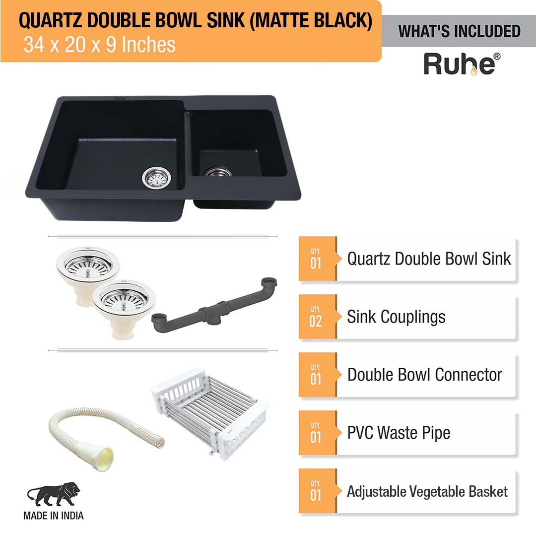 Matte Black Quartz Double Bowl Kitchen Sink (34 x 20 x 9 inches) - by Ruhe