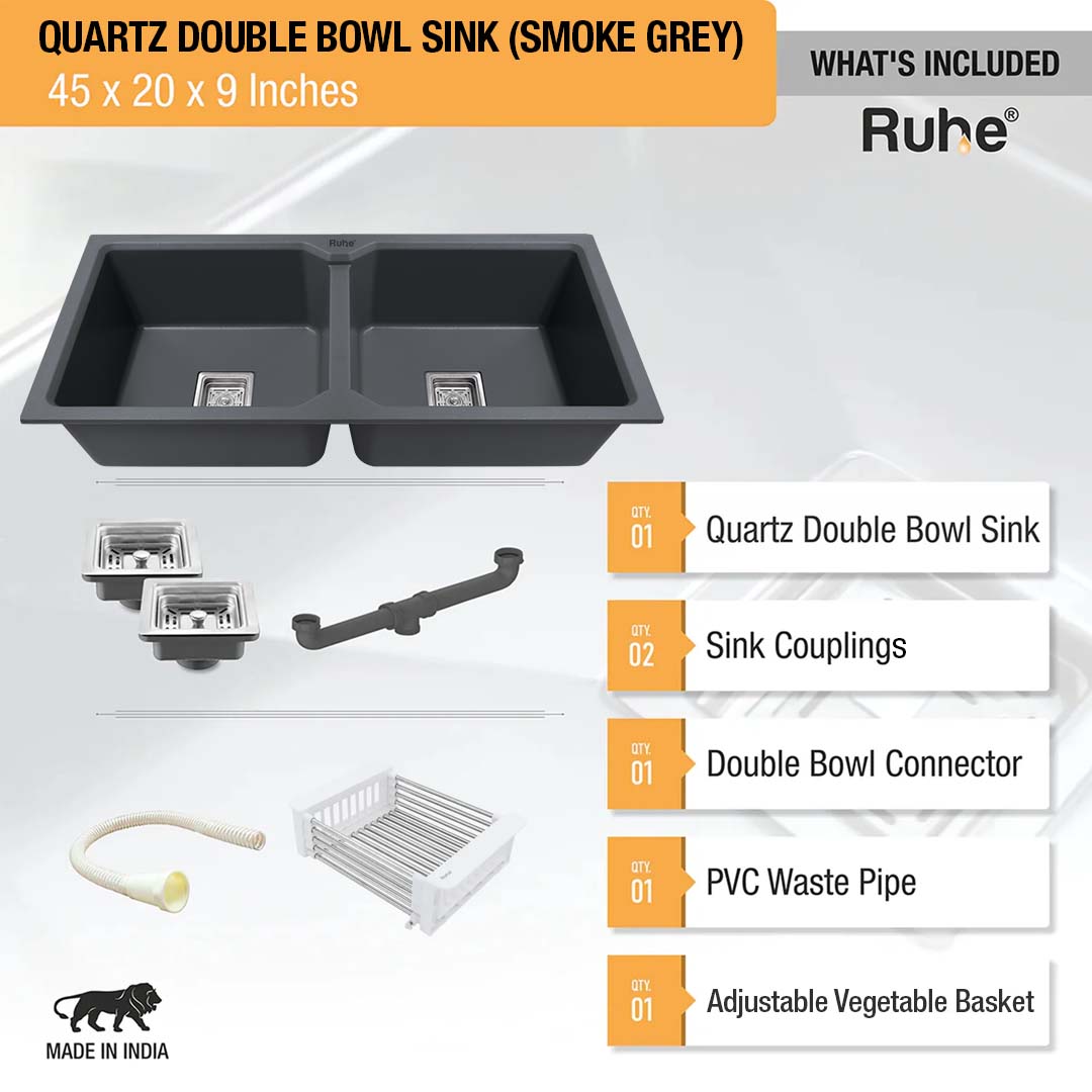 Smoke Grey Quartz Double Bowl Kitchen Sink (45 x 20 x 9 inches) - by Ruhe