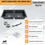 Smoke Grey Quartz Double Bowl Kitchen Sink (45 x 20 x 9 inches) - by Ruhe