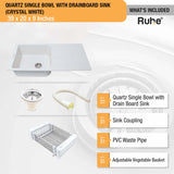 Crystal White Quartz Single Bowl with Drainboard  Kitchen Sink (39 x 20 x 9 inches) - by Ruhe