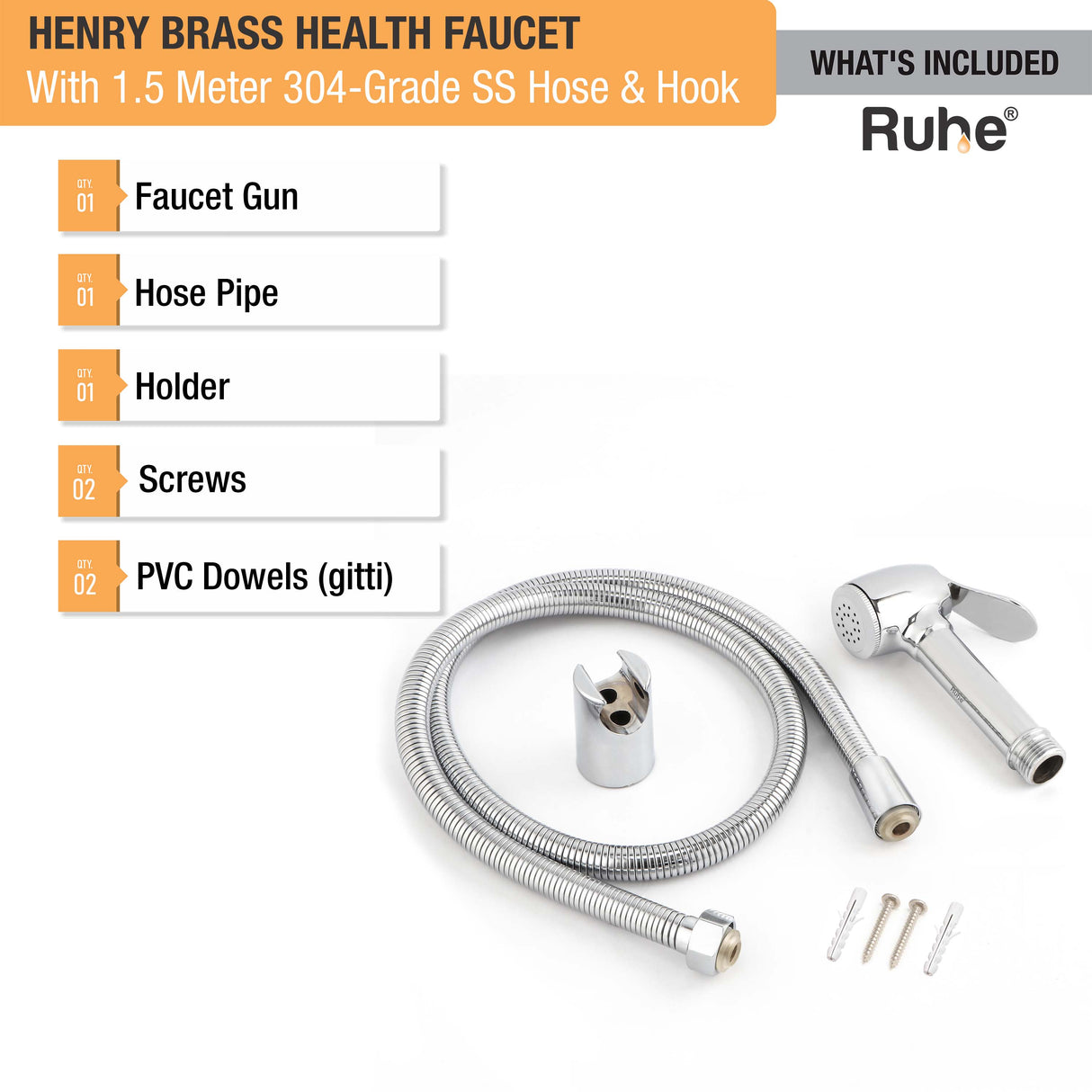 Henry Brass Health Faucet with  1.5 Meter 304-Grade SS Hose & Hook – by Ruhe