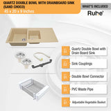 Sand Choco Quartz Double Bowl with Drainboard  Kitchen Sink (45 x 20 x 9 inches)