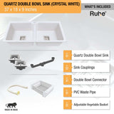 Crystal White Quartz Double Bowl Kitchen Sink (37 x 18 x 9 inches) - by Ruhe