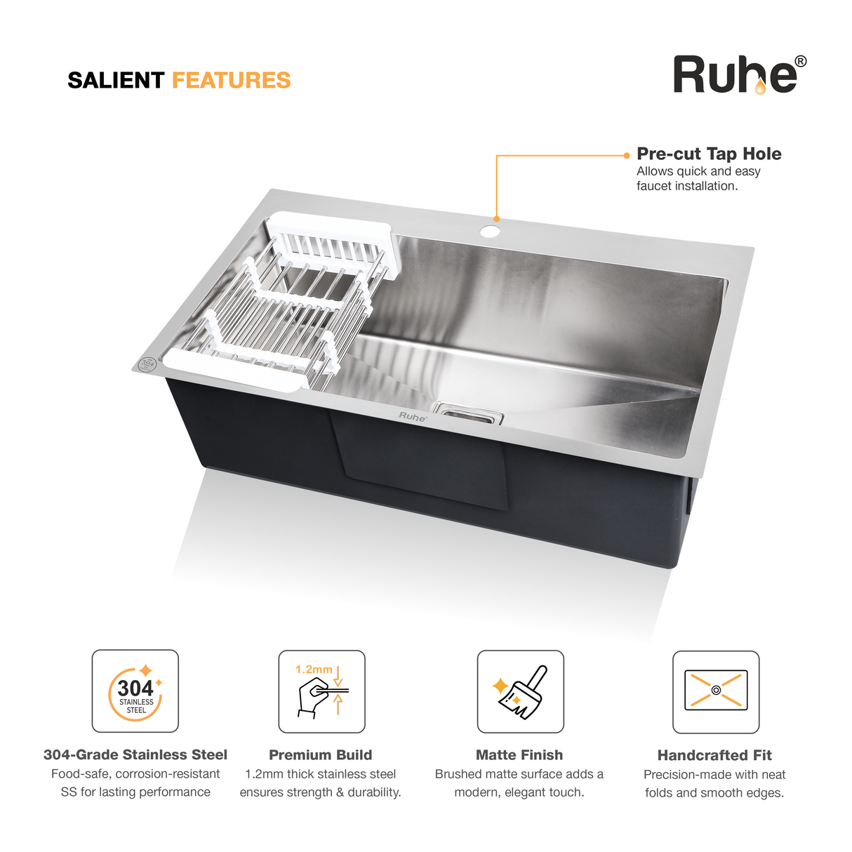 Handmade Single Bowl with Tap Hole Kitchen Sink (32 x 20 x 10 Inches)