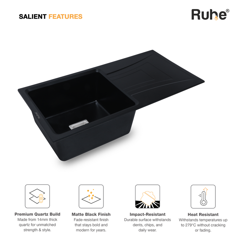 Matte Black Quartz Single Bowl with Drainboard Kitchen Sink (36 x 18 x 9 inches)