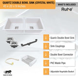 Crystal White Quartz Double Bowl with Drainboard  Kitchen Sink (45 x 20 x 9 inches) - by Ruhe