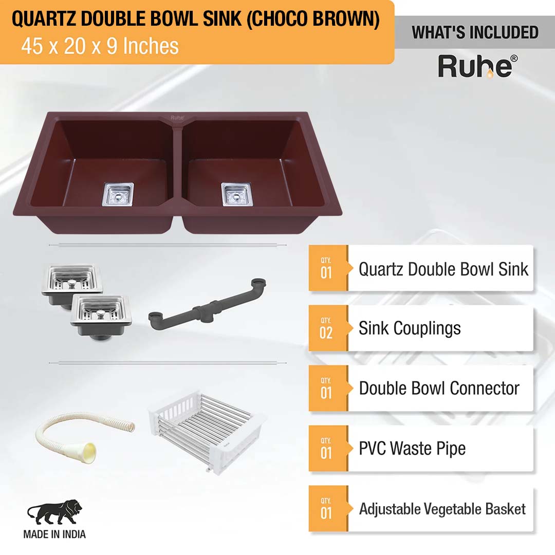 Choco Brown Quartz Double Bowl with Drainboard  Kitchen Sink (45 x 20 x 9 inches) - by Ruhe