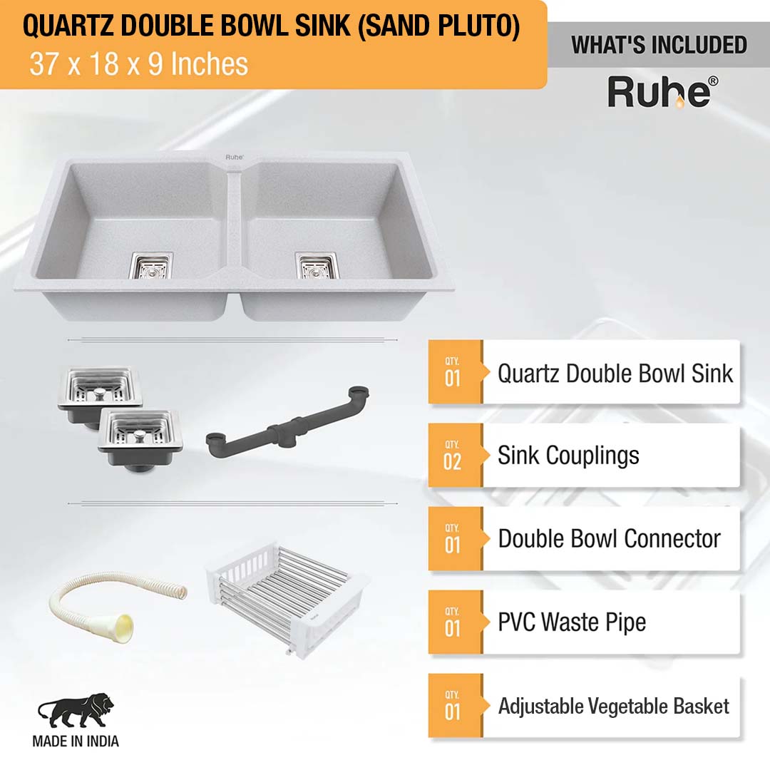 Sand Pluto Quartz Double Bowl Kitchen Sink (37 x 18 x 9 inches) - by Ruhe