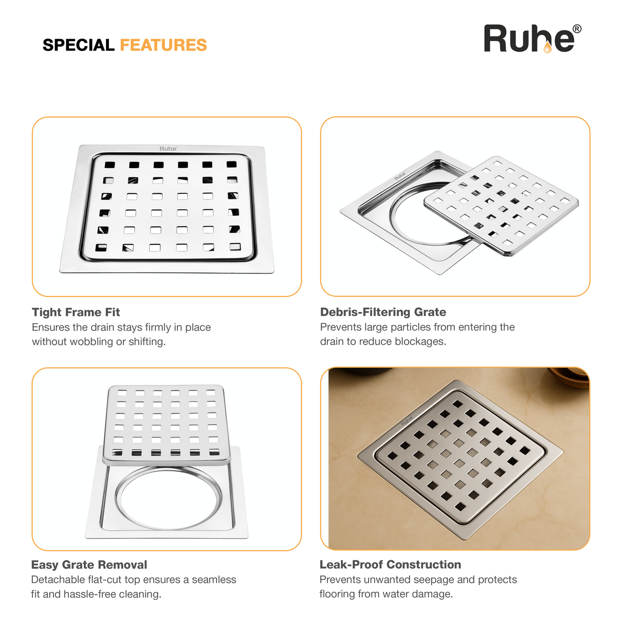 Check Square Flat Cut Floor Drain