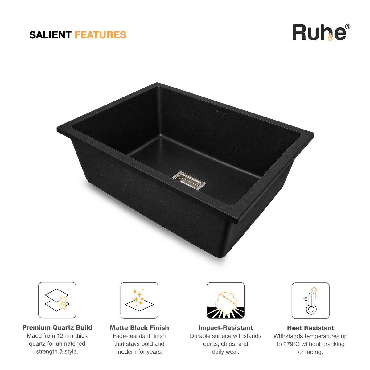 Quartz Single Bowl Kitchen Sink (24 x 18 x 9 Inches) – Matt Black