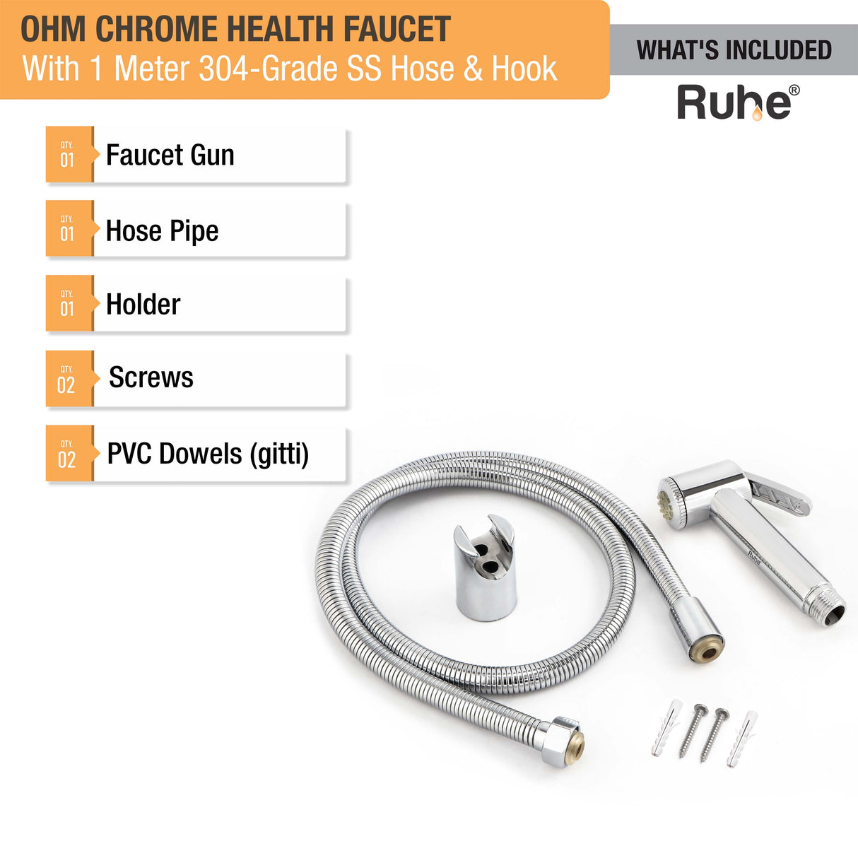 OHM Chrome Health Faucet with 1 Meter 304-Grade SS Hose & Hook