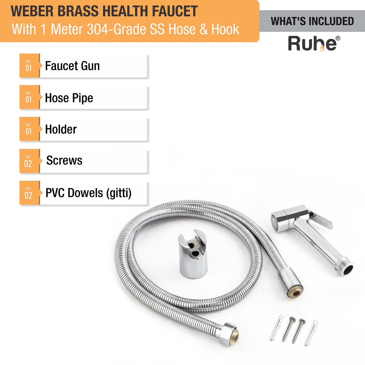 Weber Brass Health Faucet with  1 Meter 304-Grade SS Hose & Hook