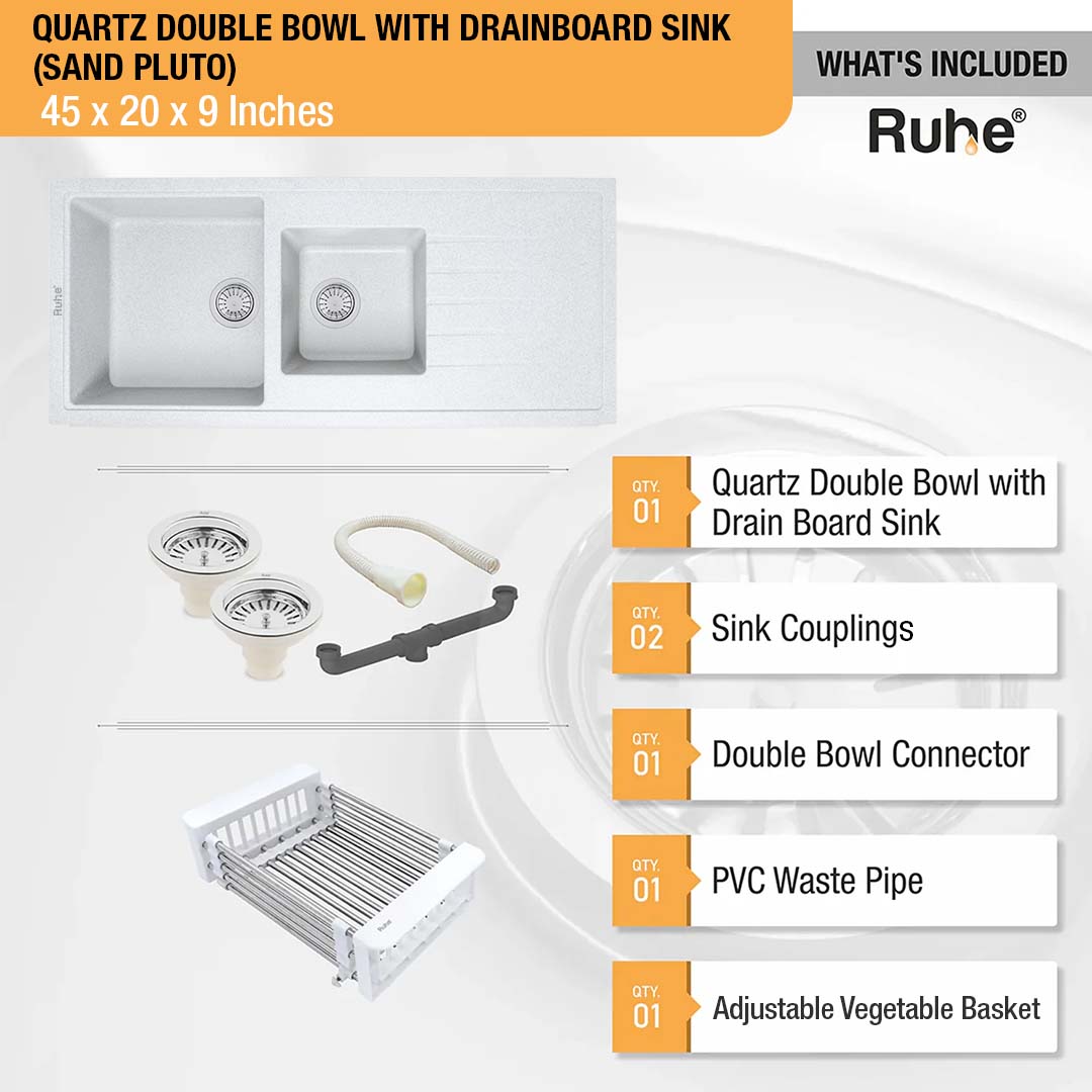 Sand Pluto Quartz Double Bowl with Drainboard  Kitchen Sink (45 x 20 x 9 inches) - by Ruhe