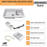 Crystal White Quartz Double Bowl Kitchen Sink (34 x 20 x 9 inches) - by Ruhe