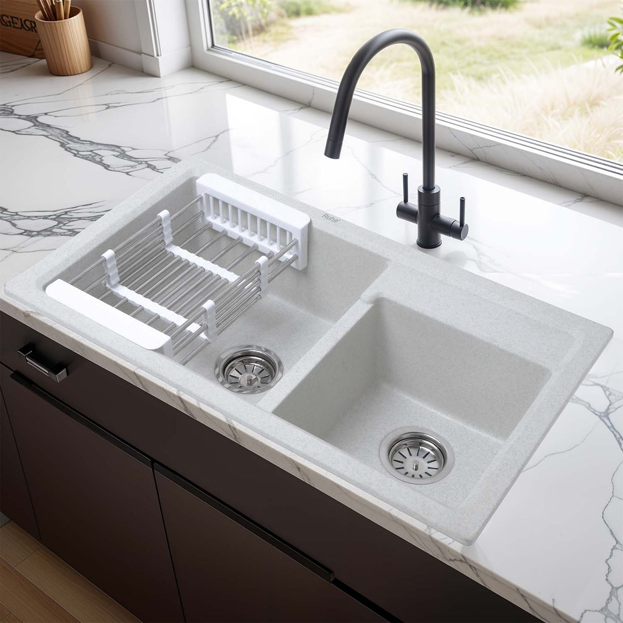 Sand Pluto Quartz Double Bowl Kitchen Sink (31 x 18 x 9 inches) - by Ruhe