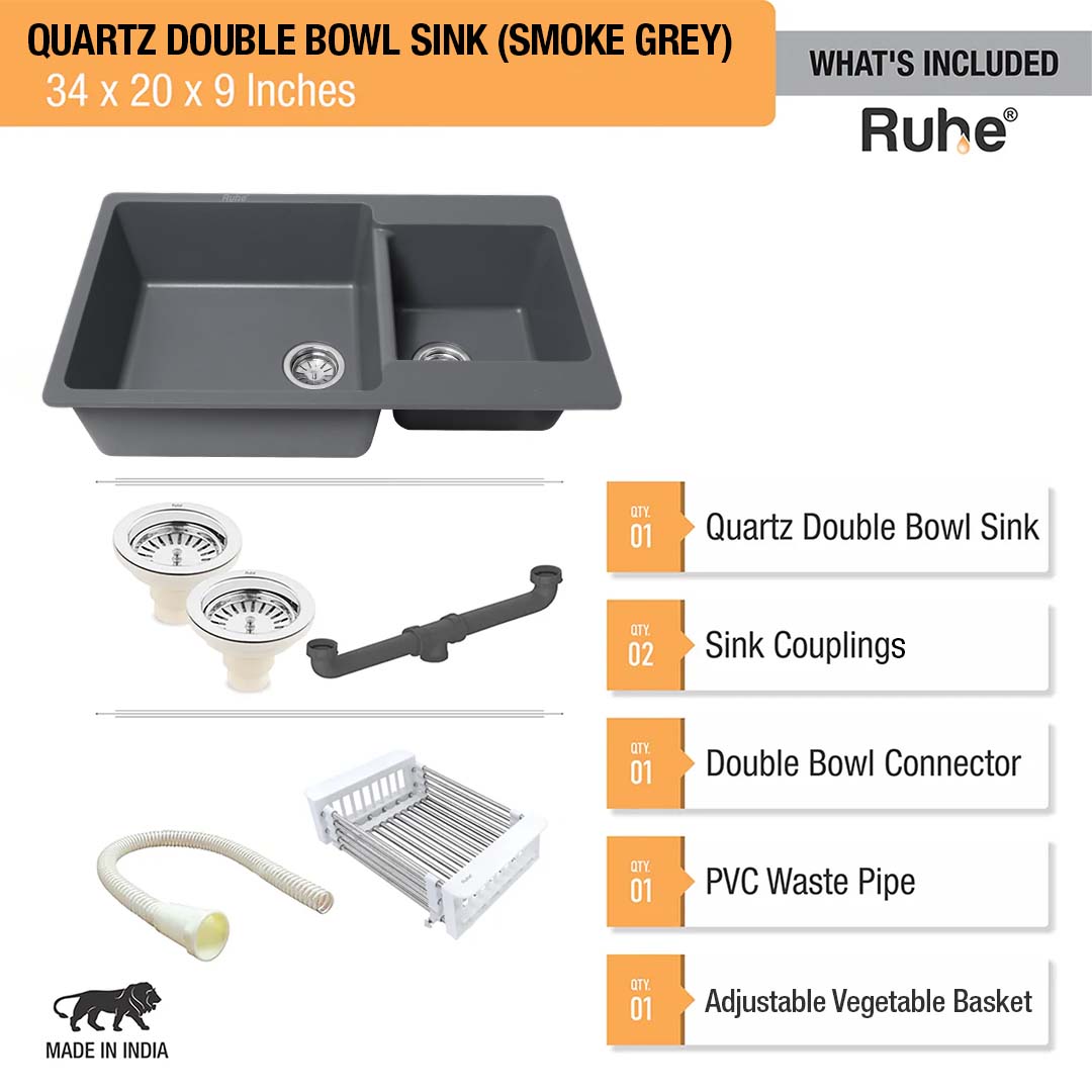 Smoke Grey Quartz Double Bowl Kitchen Sink (34 x 20 x 9 inches) - by Ruhe