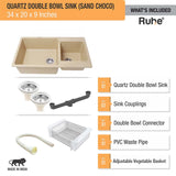 Sand Choco Quartz Double Bowl Kitchen Sink (34 x 20 x 9 inches) - by Ruhe