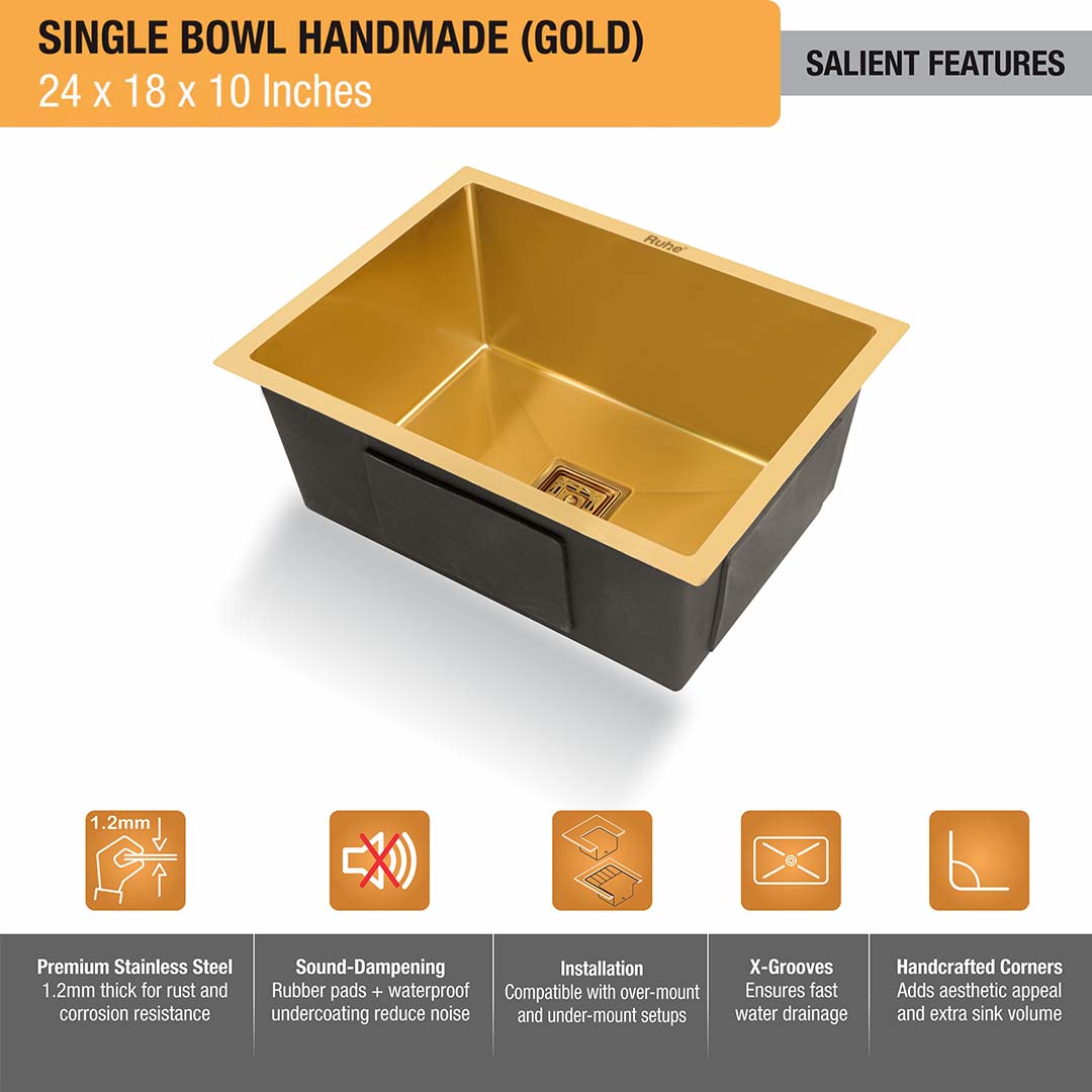 Yellow Gold Handmade Single Bowl Kitchen Sink  (24 x 18 x 10 Inches) – by Ruhe