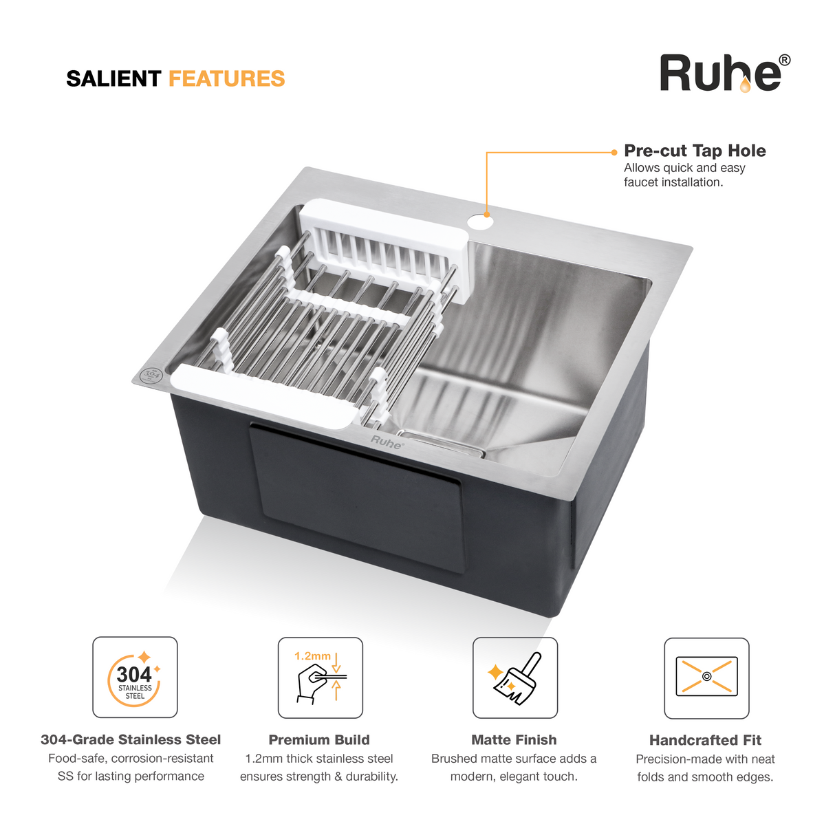 Handmade Single Bowl with Tap Hole Kitchen Sink (20 x 17 x 10 Inches)