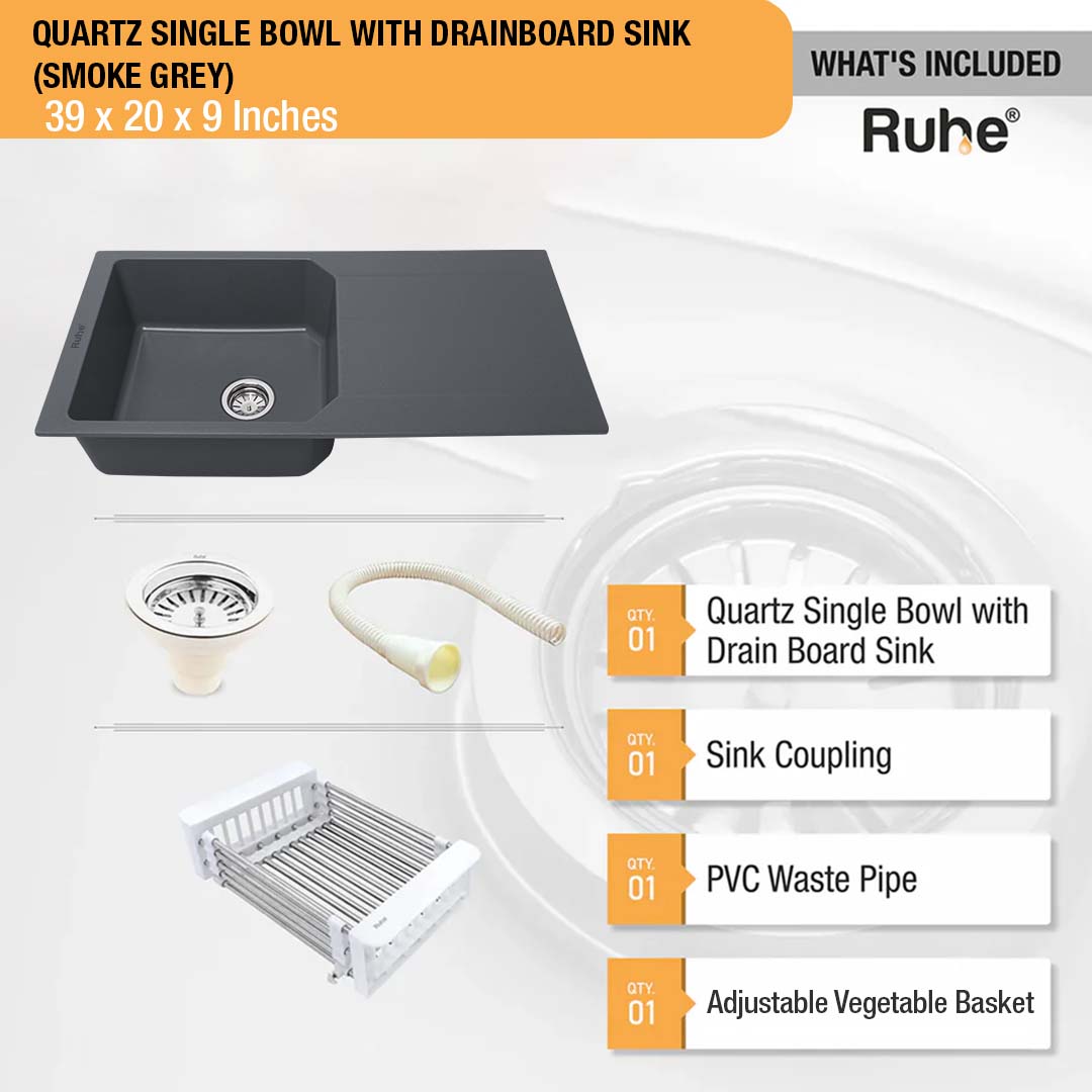 Smoke Grey Quartz Single Bowl with Drainboard  Kitchen Sink (39 x 20 x 9 inches) - by Ruhe