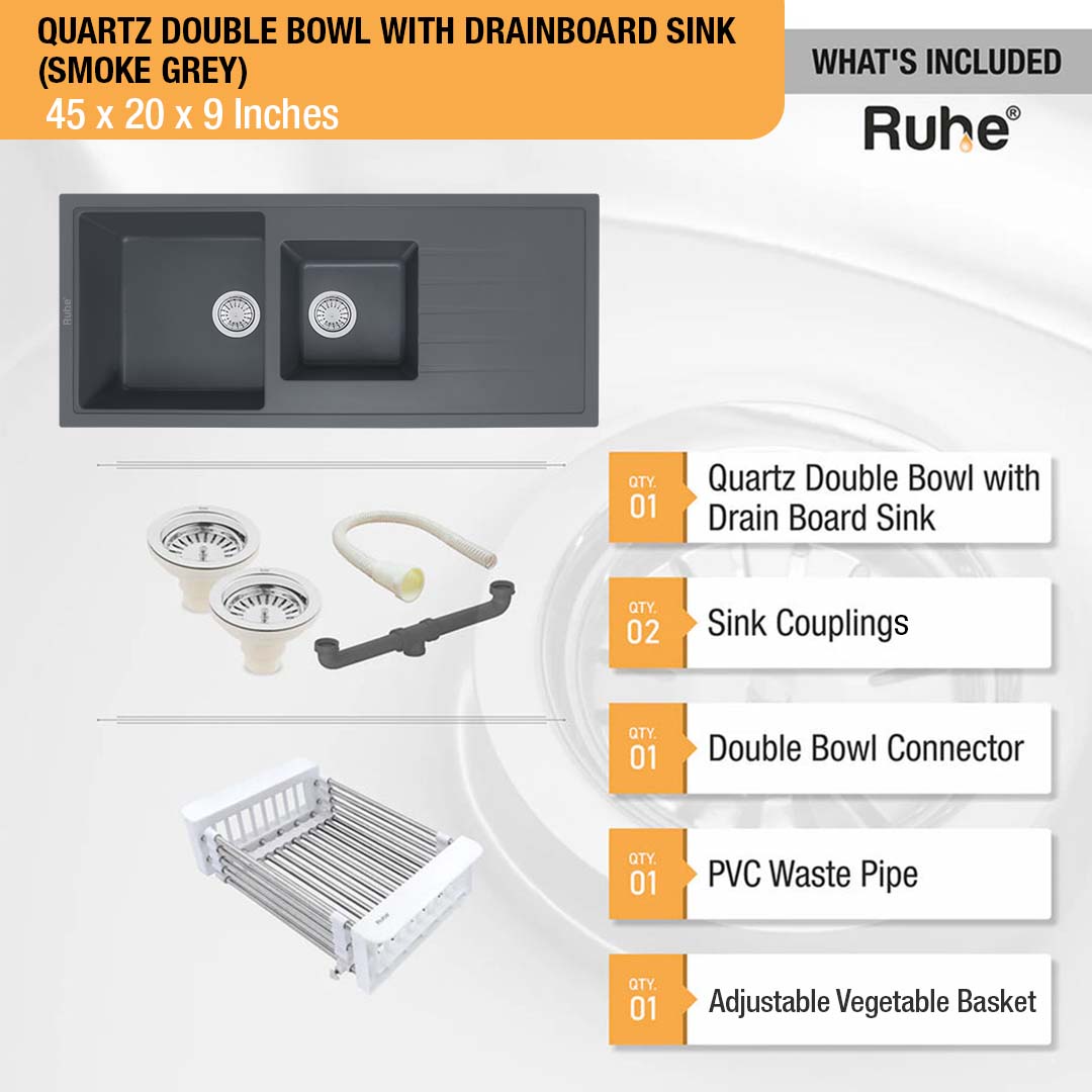 Smoke Grey Quartz Double Bowl with Drainboard  Kitchen Sink (45 x 20 x 9 inches) - by Ruhe