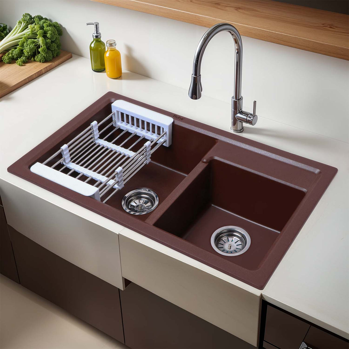 Choco Brown Quartz Double Bowl Kitchen Sink (31 x 18 x 9 inches) - by Ruhe