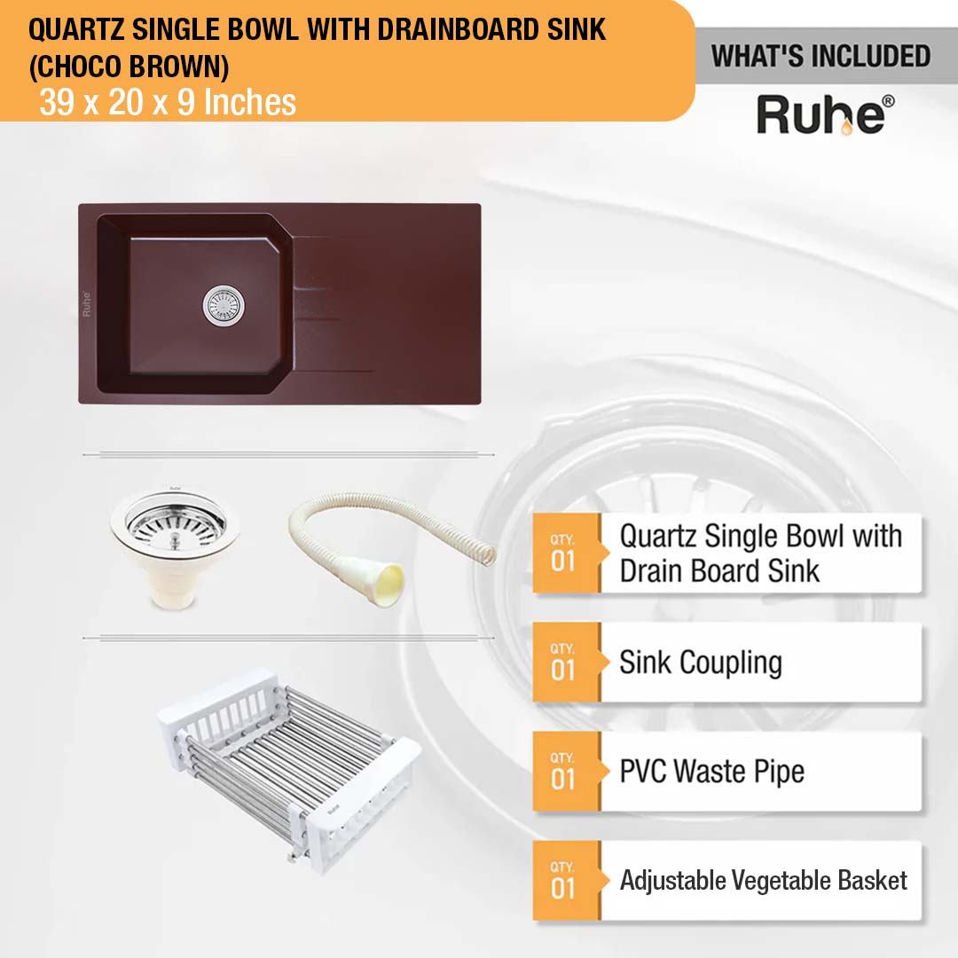 Choco Brown Quartz Single Bowl with Drainboard &nbsp;Kitchen Sink (39 x 20 x 9 inches) - by Ruhe