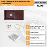 Choco Brown Quartz Single Bowl with Drainboard &nbsp;Kitchen Sink (39 x 20 x 9 inches) - by Ruhe