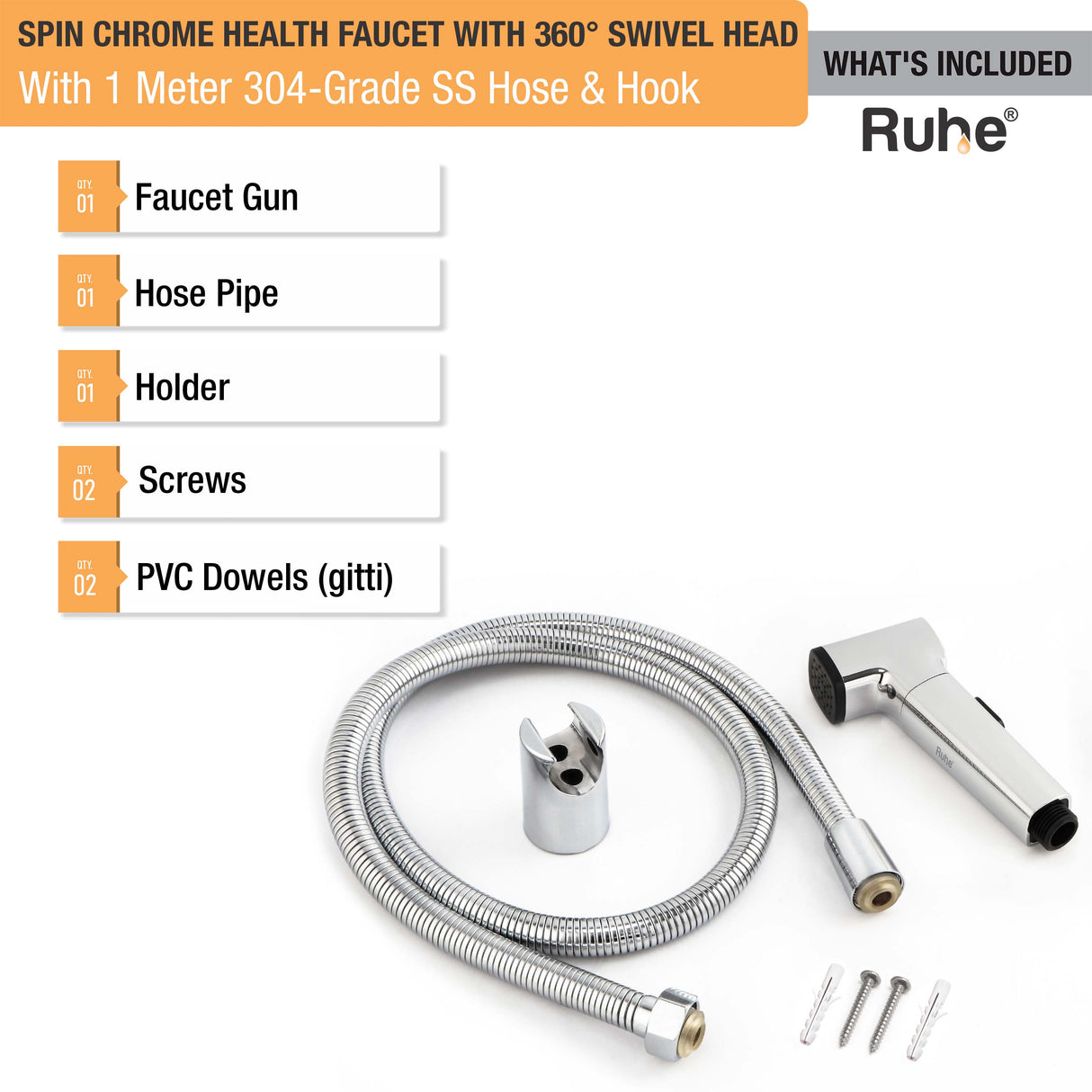 Spin Chrome Health Faucet with 360 ° Swivel Head and 1 Meter 304-Grade SS Hose & Hook