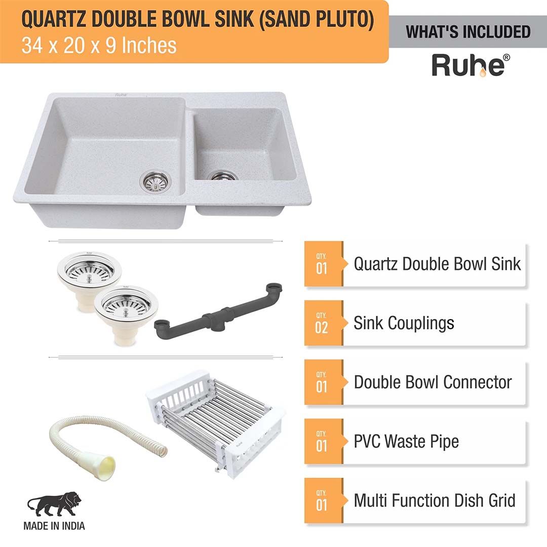 Sand Pluto Quartz Double Bowl Kitchen Sink (34 x 20 x 9 inches) - by Ruhe