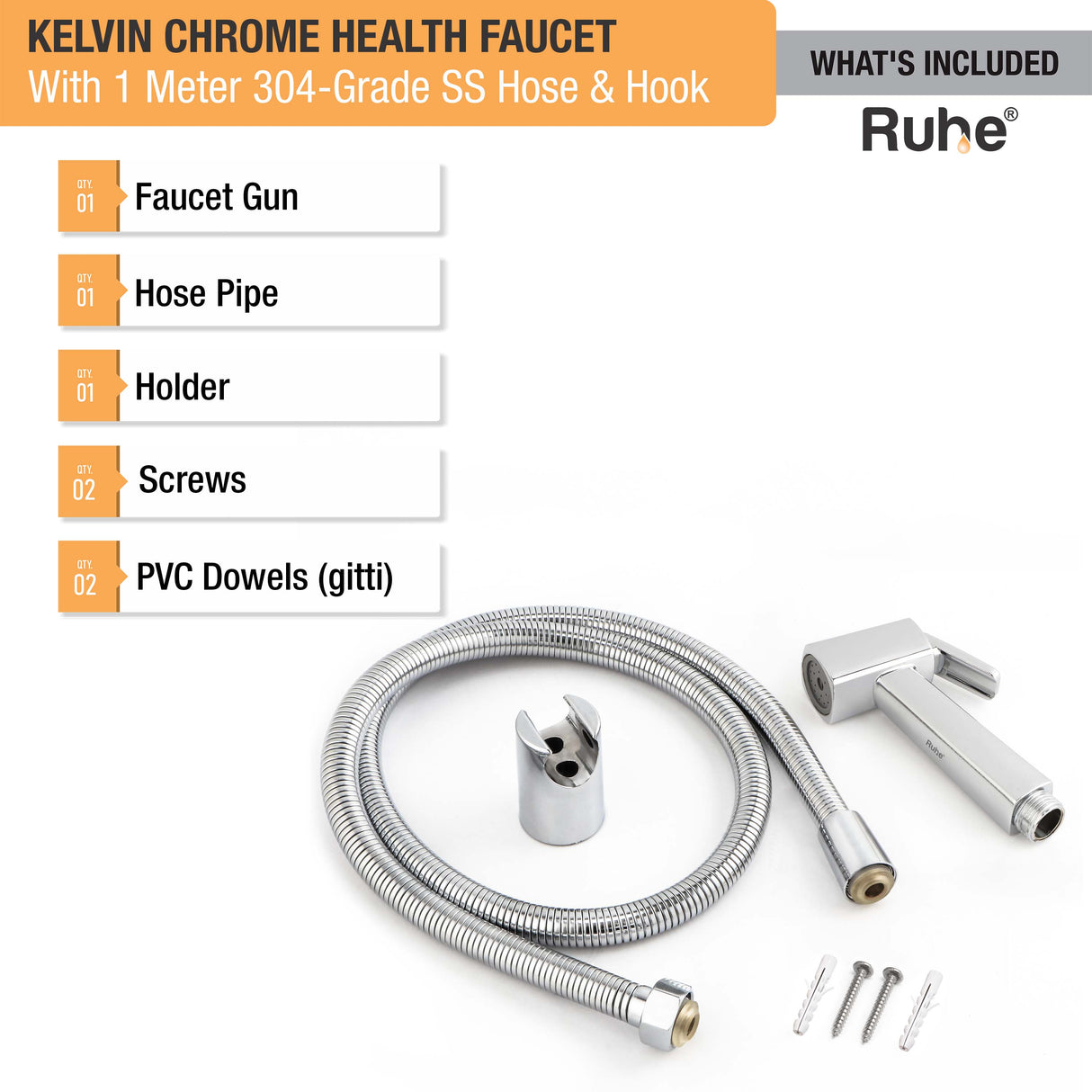 Kelvin Chrome Health Faucet with 1 Meter 304-Grade SS Hose & Hook