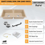 Sand Choco Quartz Double Bowl with Drainboard  Kitchen Sink (45 x 20 x 9 inches) - by Ruhe