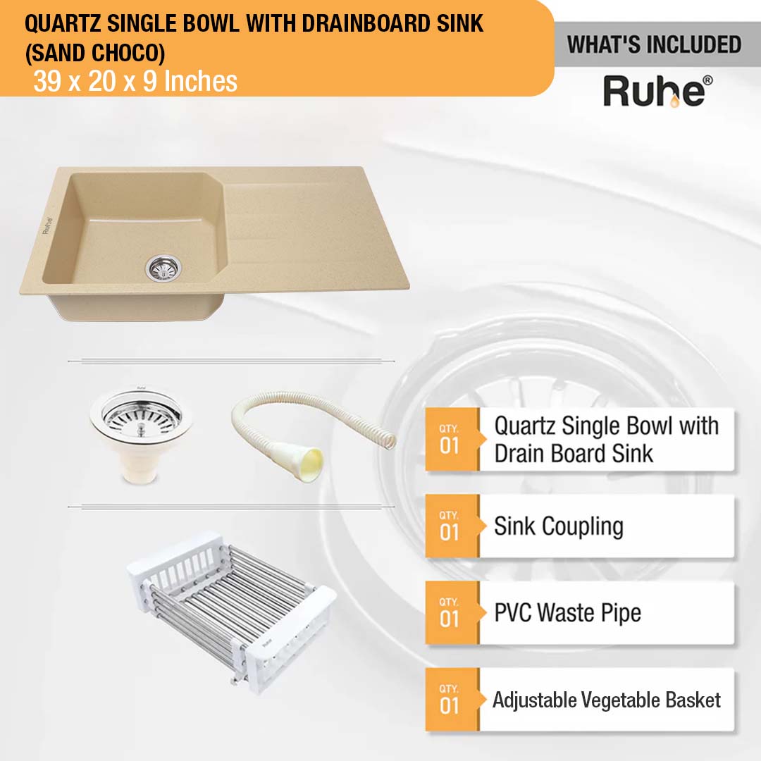 Sand Choco Quartz Single Bowl with Drainboard  Kitchen Sink (39 x 20 x 9 inches) - by Ruhe