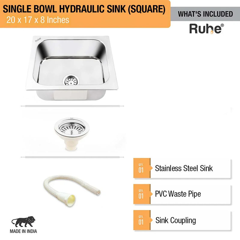 Single Bowl Premium Kitchen Sink (20 x 17 x 8 Inches)