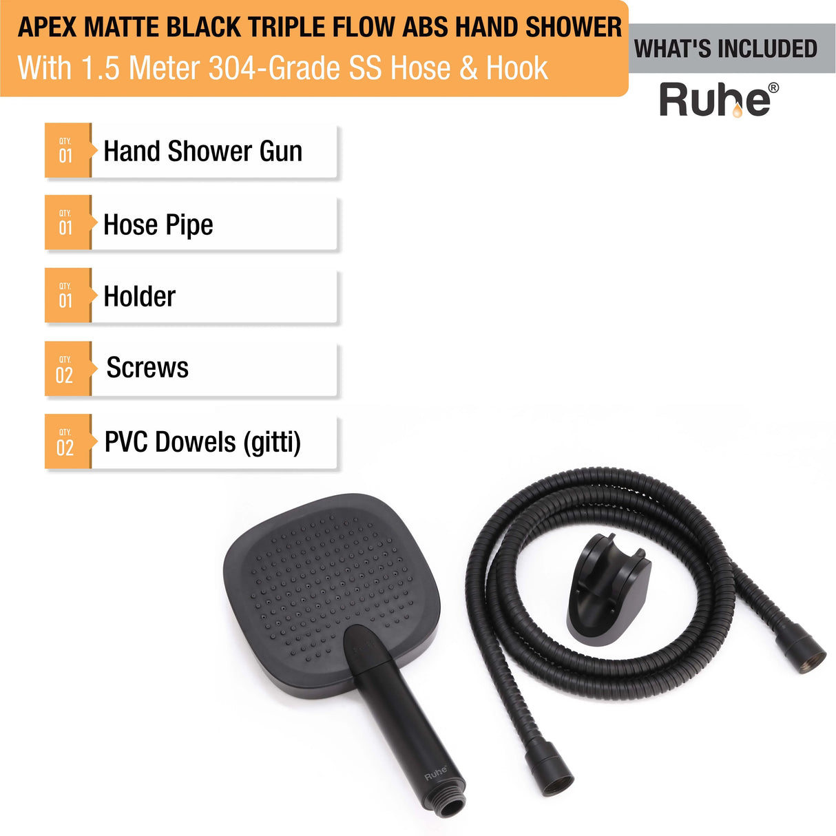 Apex Multiflow Hand Shower with 304-grade SS Hose & Hook