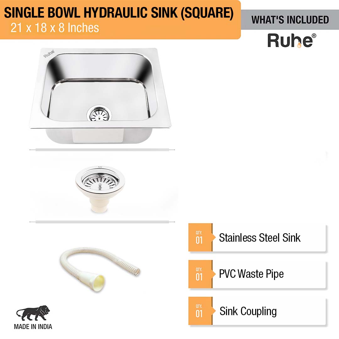 Square Single Bowl Kitchen Sink (21 x 18 x 8 inches) – by Ruhe