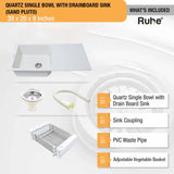 Sand Pluto Quartz Single Bowl with Drainboard  Kitchen Sink (39 x 20 x 9 inches) - by Ruhe