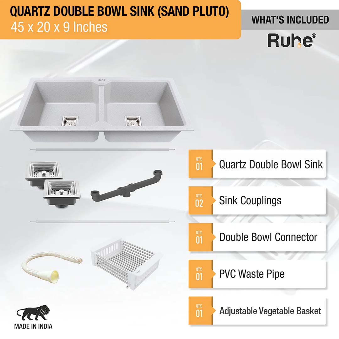 Sand Pluto Quartz Double Bowl Kitchen Sink (45 x 20 x 9 inches) - by Ruhe