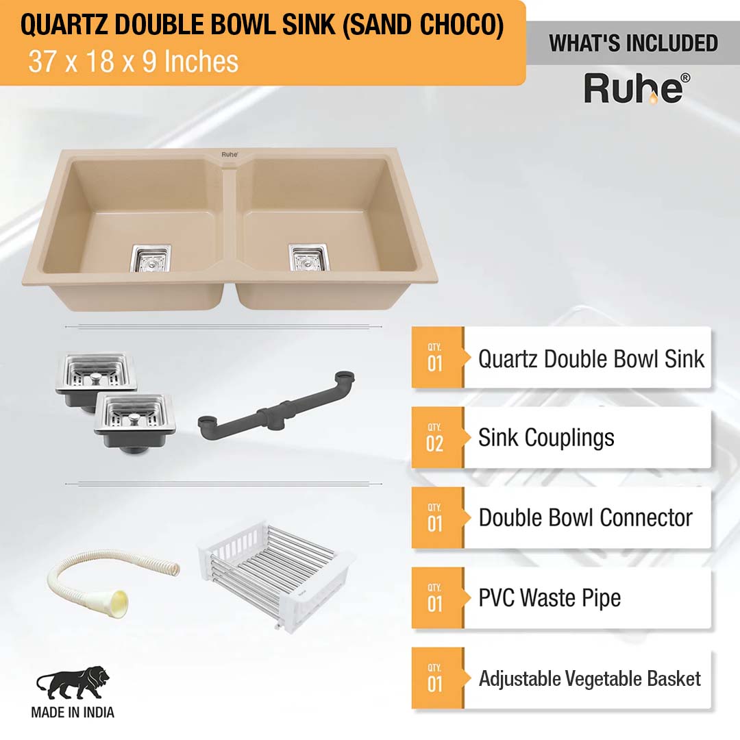 Sand Choco Quartz Double Bowl Kitchen Sink (37 x 18 x 9 inches) - by Ruhe