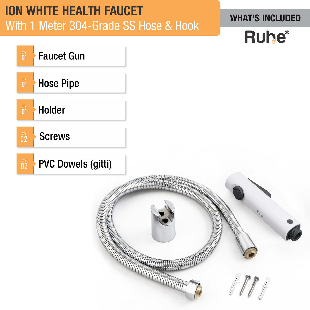 Ion White Health Faucet with 1 Meter 304-Grade SS Hose & Hook