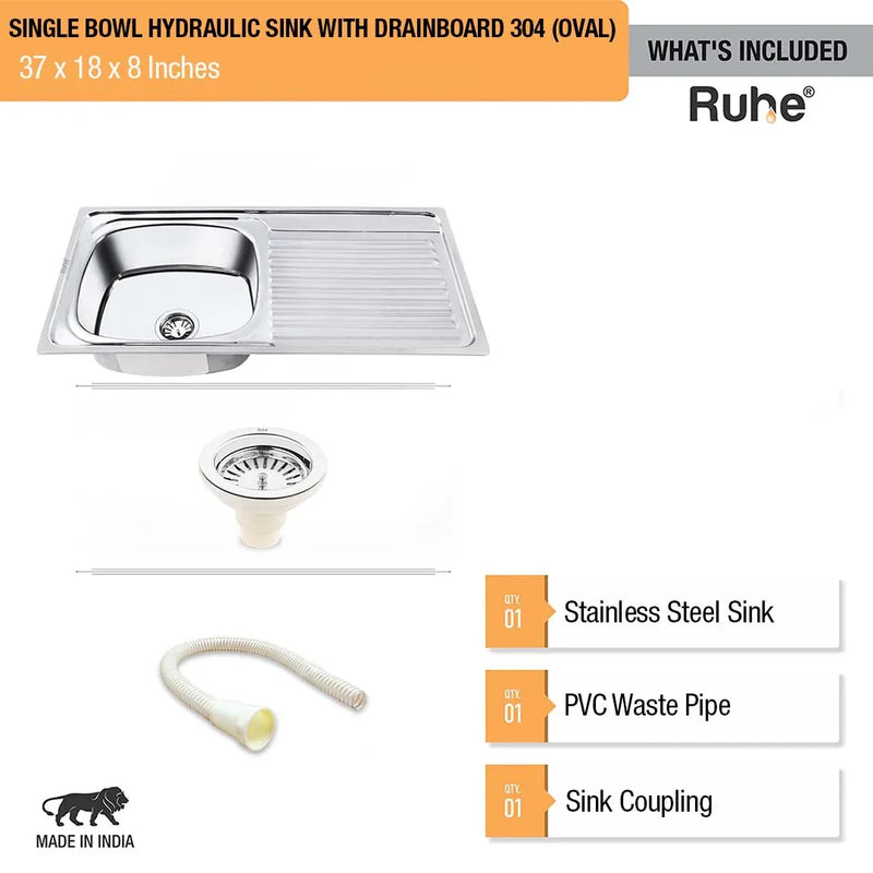 Oval Single Bowl with Drainboard Kitchen Sink 304-Grade (37 x 18 x 8 Inches)