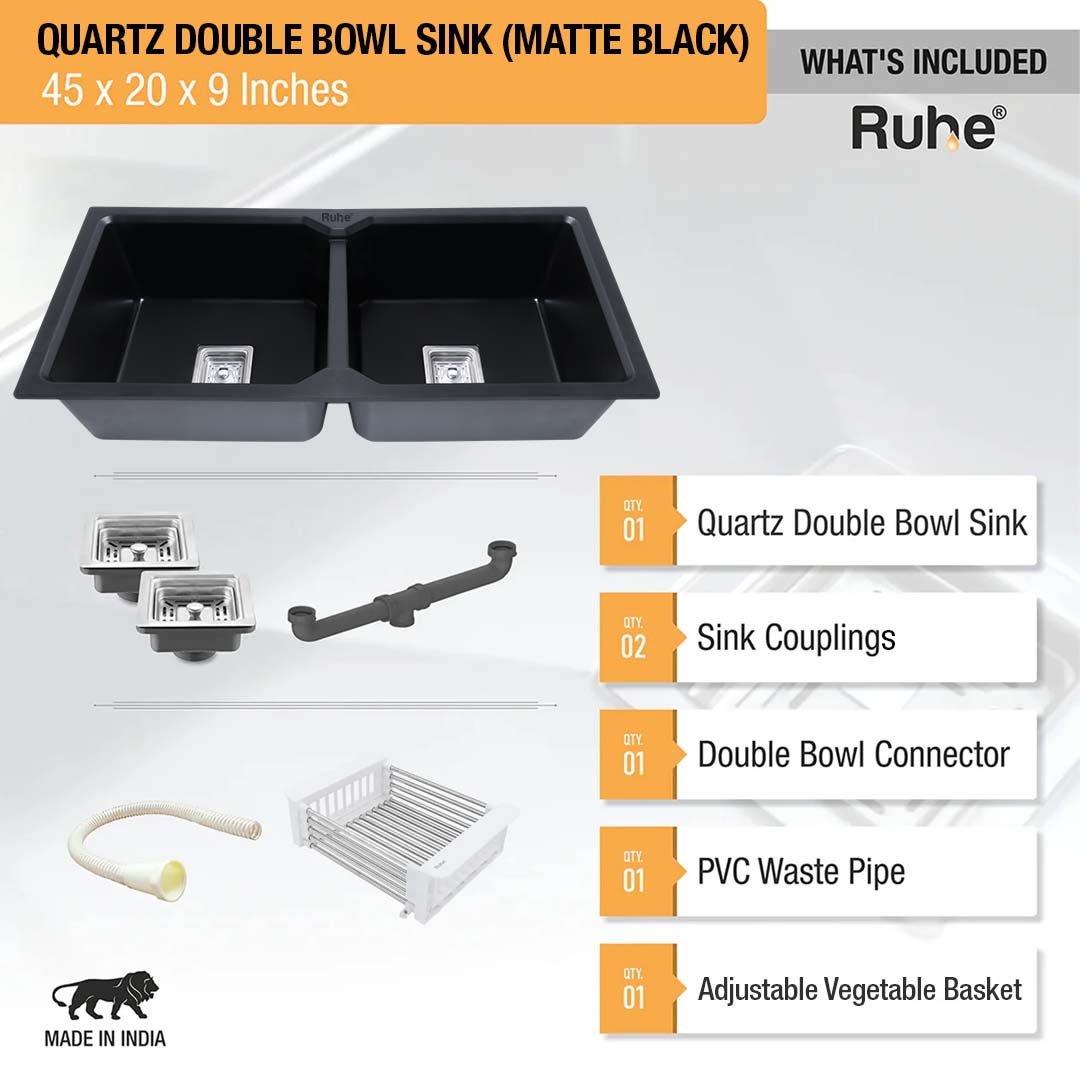 Matte Black Quartz Double Bowl Kitchen Sink (45 x 20 x 9 inches) - by Ruhe