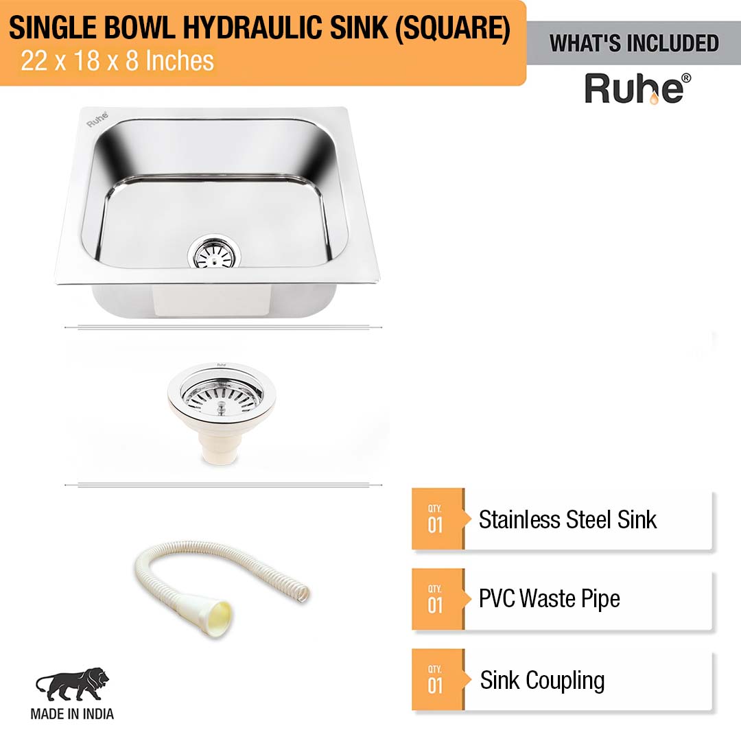 Square Single Bowl Kitchen Sink (22  x 18 x 8 inches) – by Ruhe