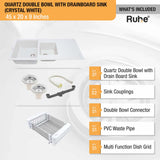 Crystal White Quartz Double Bowl with Drainboard  Kitchen Sink (45 x 20 x 9 inches) - by Ruhe