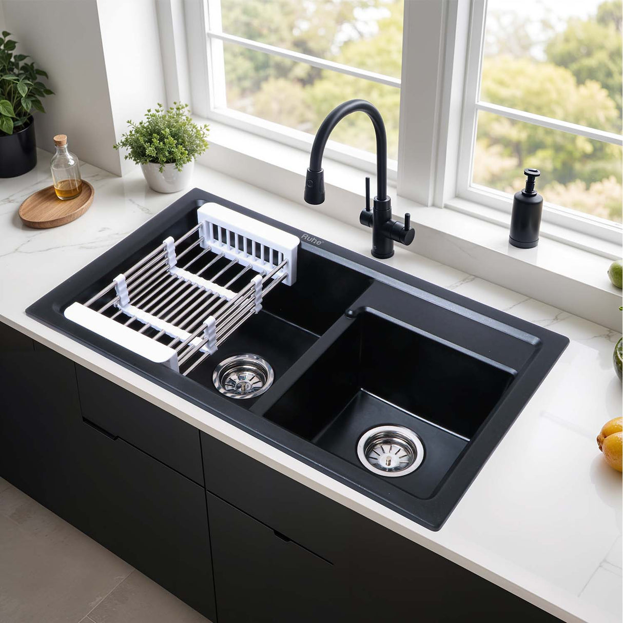 Matte Black Quartz Double Bowl Kitchen Sink (31 x 18 x 9 inches) - by Ruhe