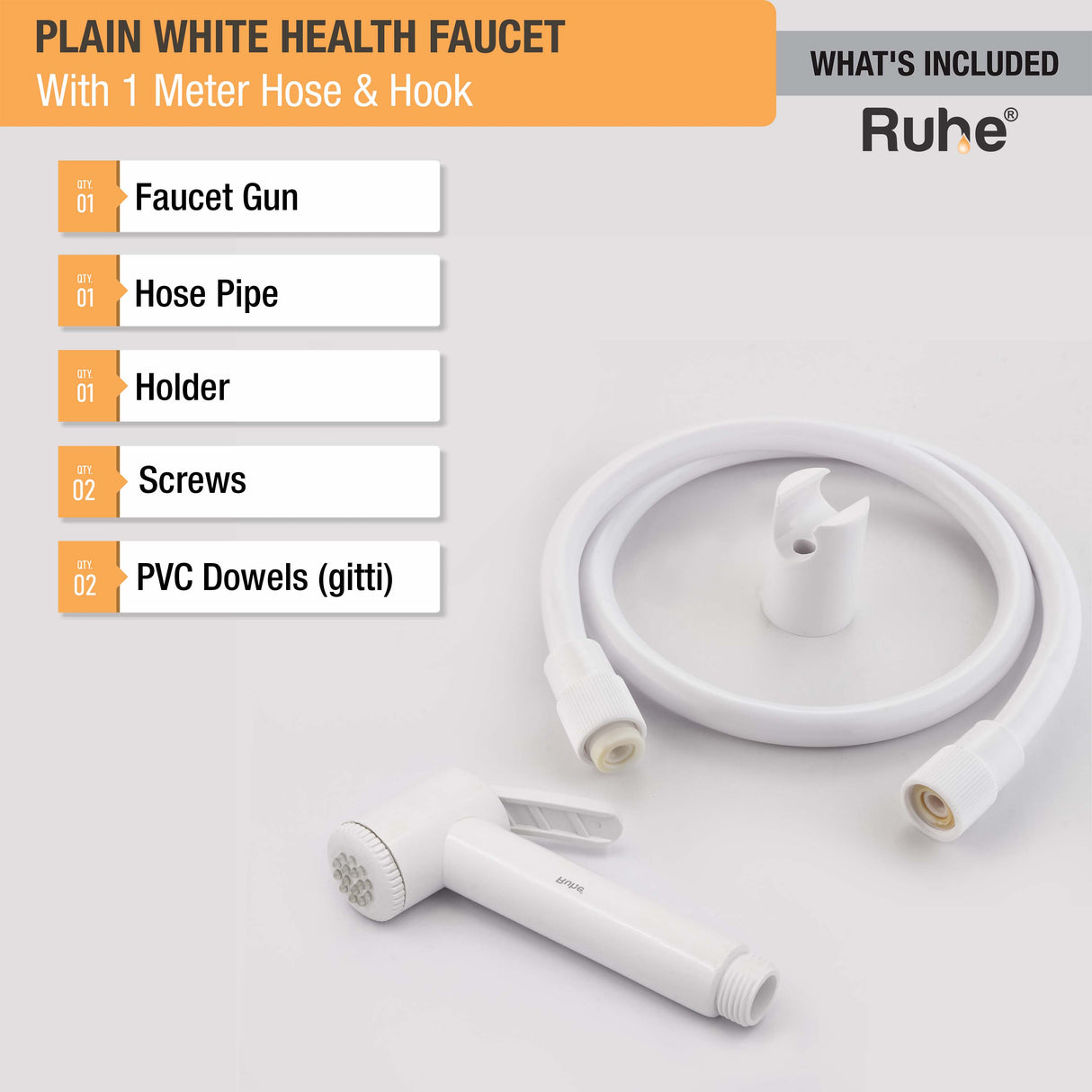 Plain White Health Faucet with 1 Meter Hose & Hook