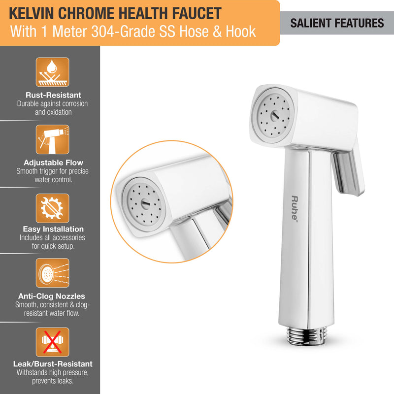 Kelvin Chrome Health Faucet with 304-Grade SS Hose & Hook