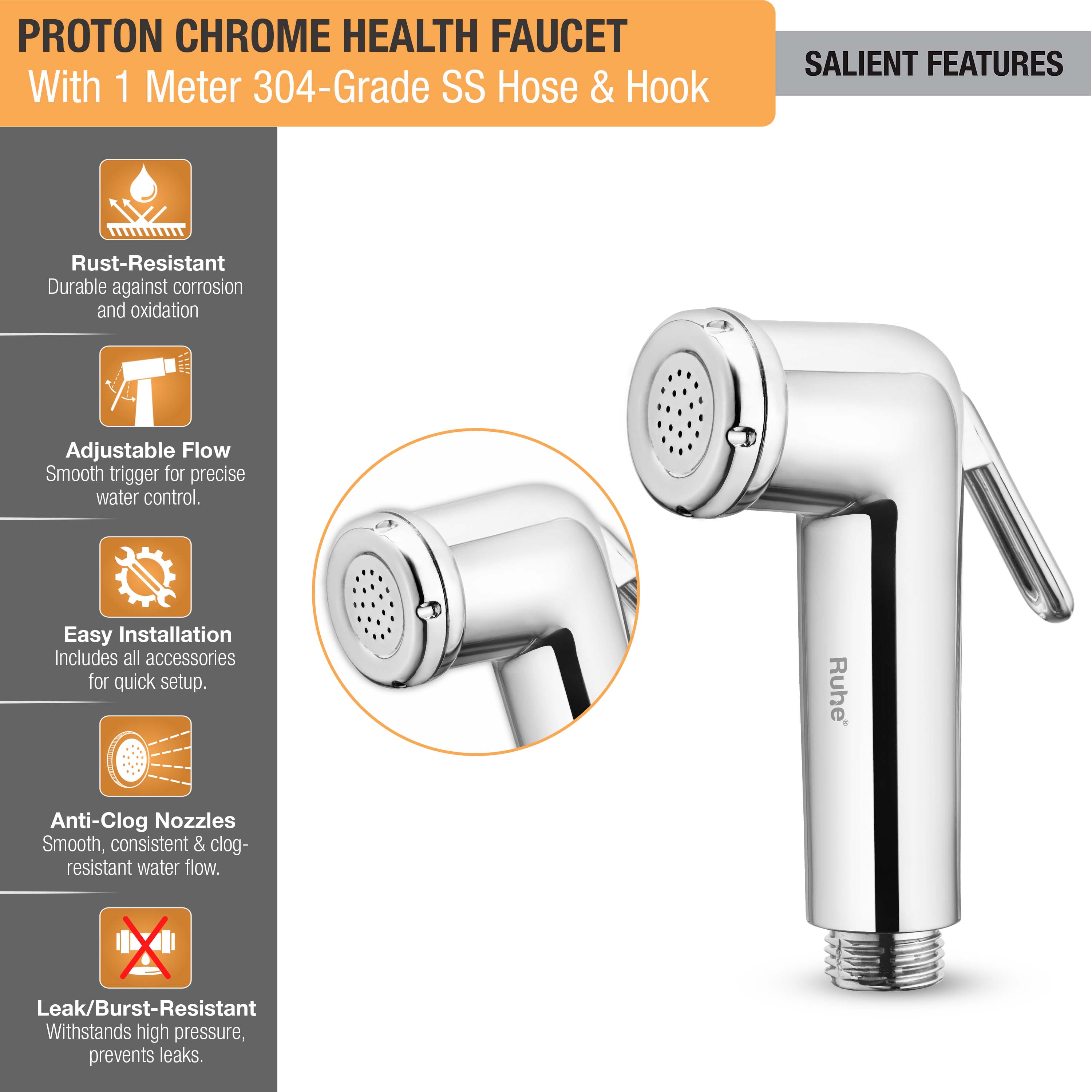 Proton Chrome Health Faucet with 304-Grade SS Hose & Hook – Ruhe