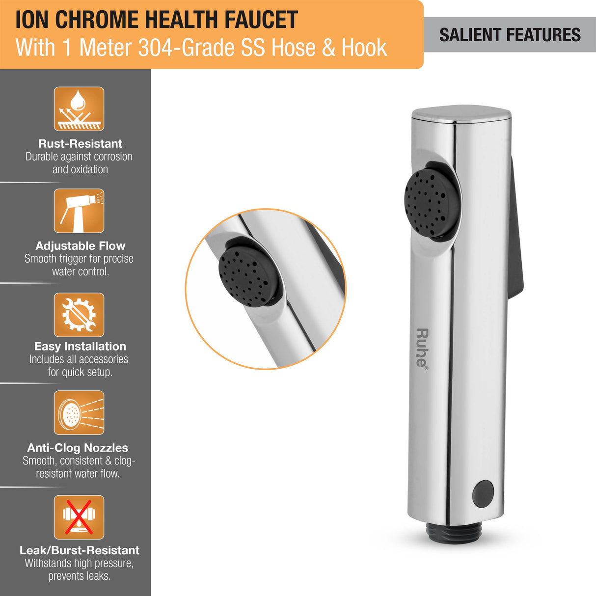 Ion Chrome Health Faucet with 1 Meter 304-Grade SS Hose & Hook